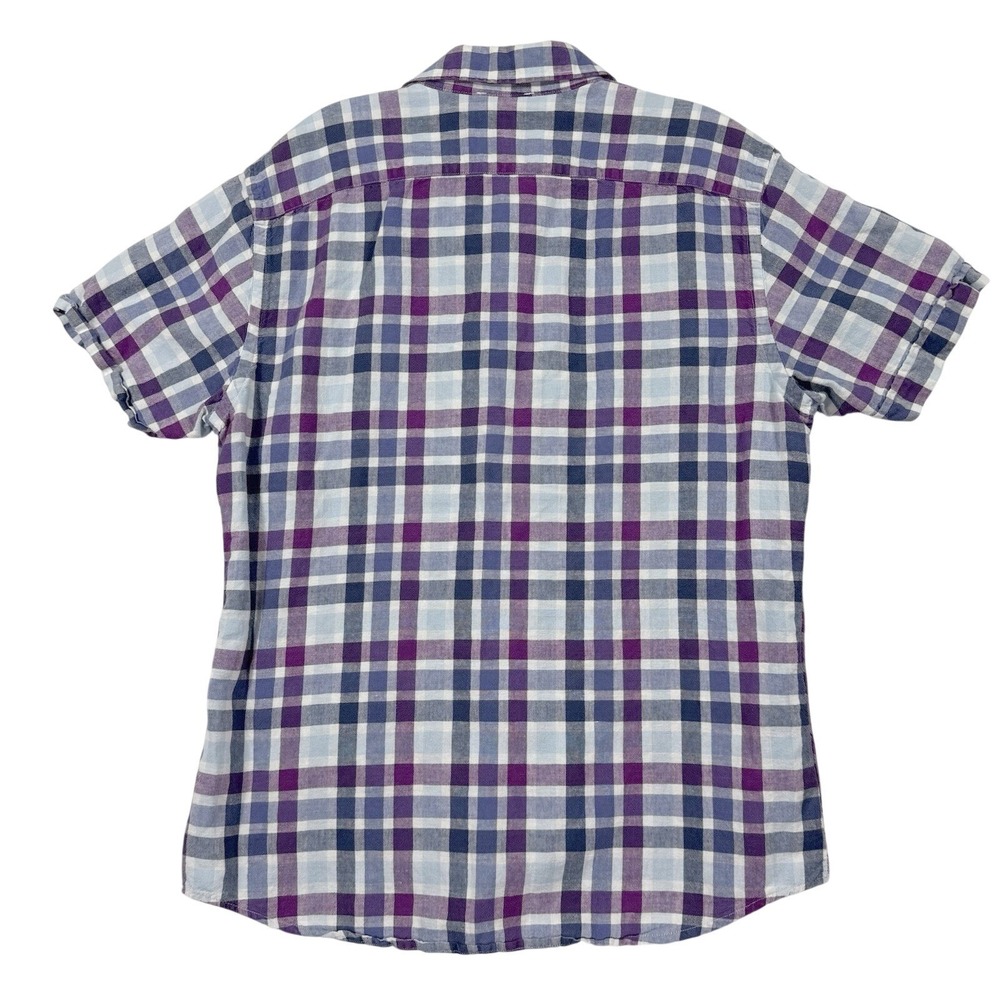 Banana Republic Button Down Shirt Mens Medium Purple Blue Plaid Linen Cotton SS - Picture 2 of 6